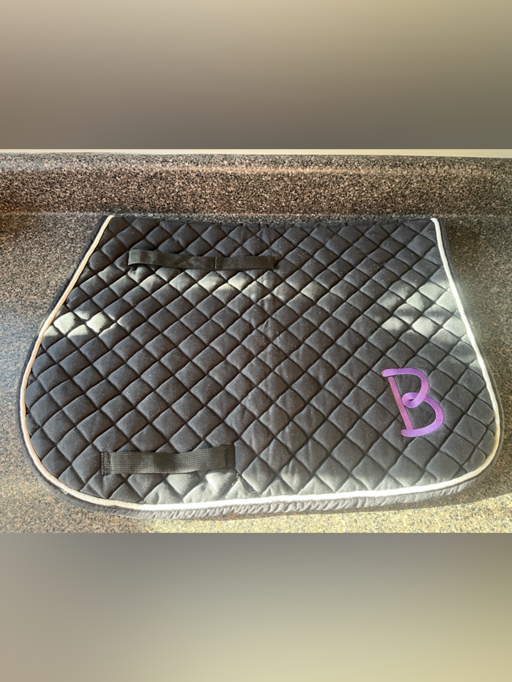 Black Quilted English Saddle Pad with Purple 'B' Accent